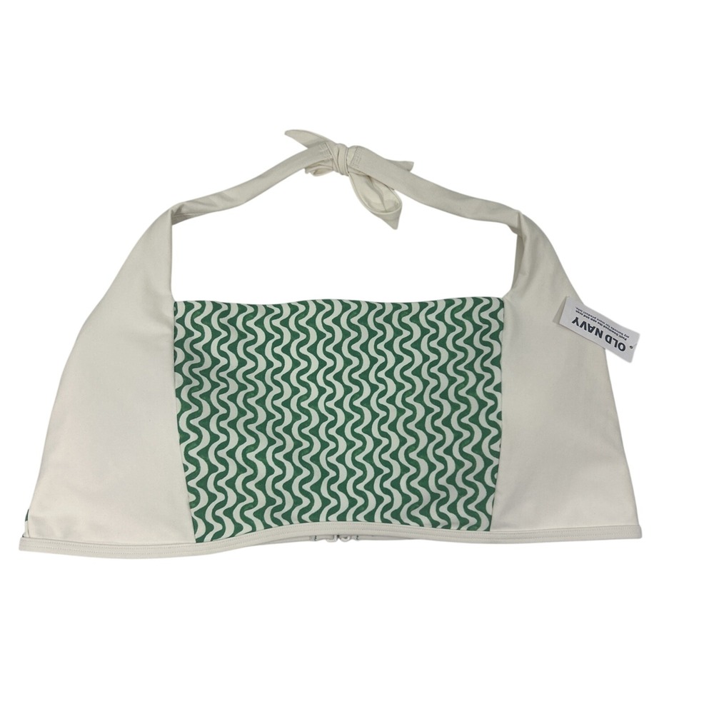Old Navy Women 2X Swim Top Wavy Green White Halter Neck Tie Padded New Tags